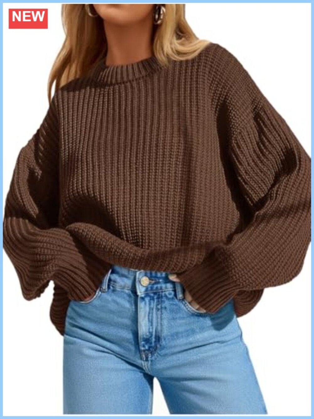 Women's Oversized Chunky Knit Sweater Crewneck Pullover Batwing Sleeve